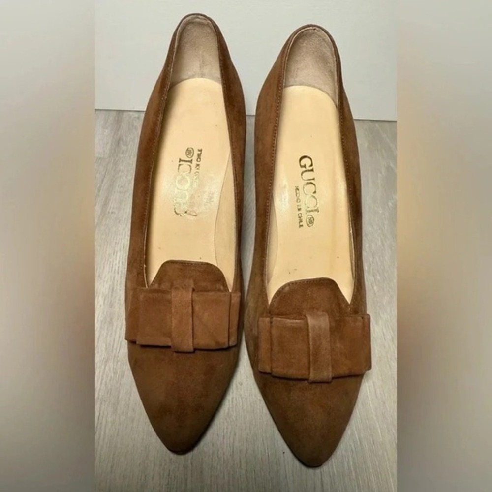 GUCCI Suede Bow Heel Pumps Brown Shoes Women Size 34 Style 14132 3044 - Picture 9 of 12